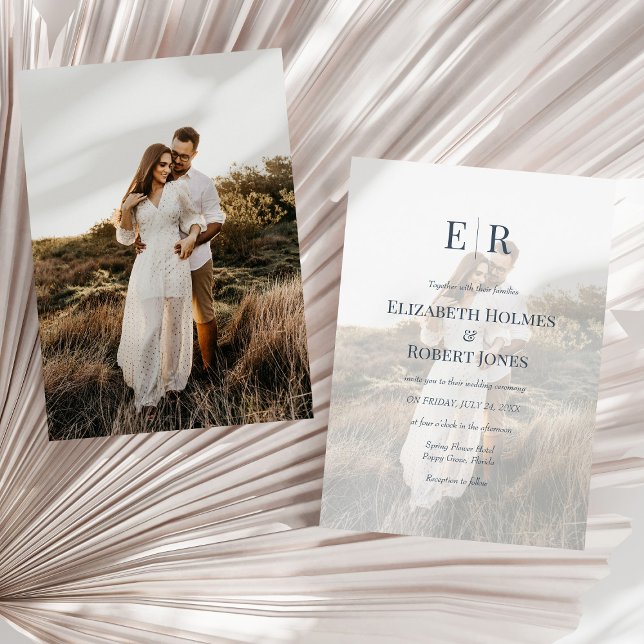 Convite Casamento Personalizado de Fotografia do Monograma (Modern Slate Blue Monogram Custom Photo Wedding Invitation on a sunny white dry palm leaf.)