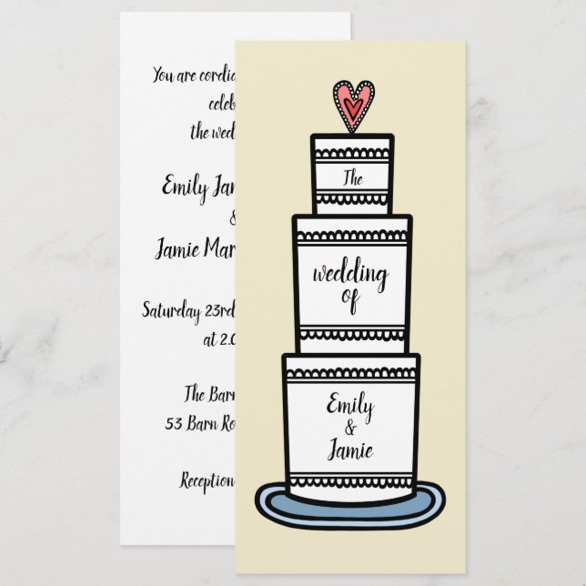 Convite Casamento Personalizado De Ilustração De Bolo De C (Frente/Verso)