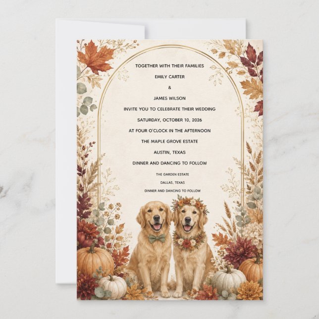Convite Casamento Personalizado de Outono com Golden Retri (Frente)
