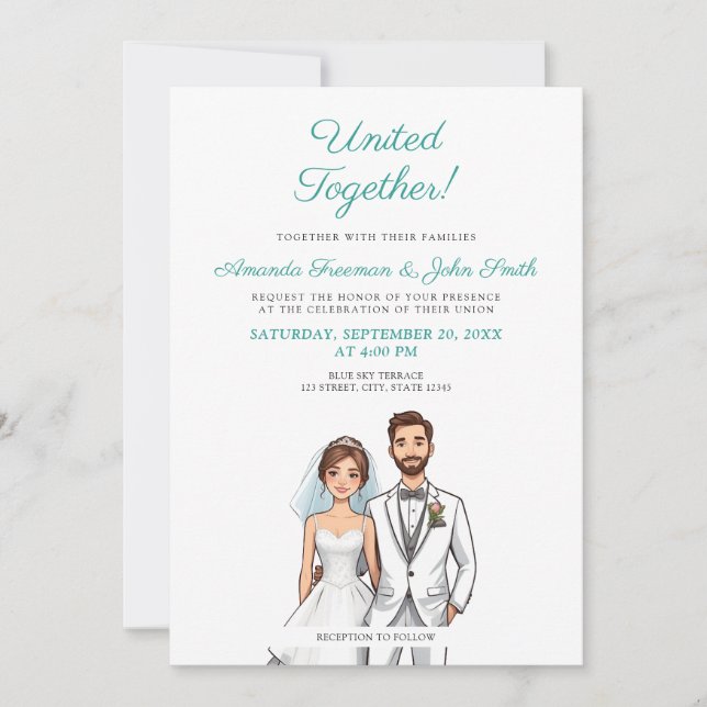 Convite Casamento Personalizado de Teal e Foto Branca (Frente)