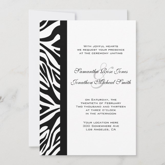 Convite Casamento Personalizado de Zebra Negra e Branca (Frente)