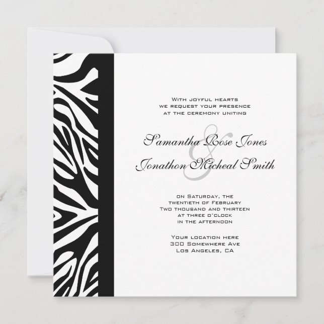 Convite Casamento Personalizado de Zebra Negra e Branca (Frente)
