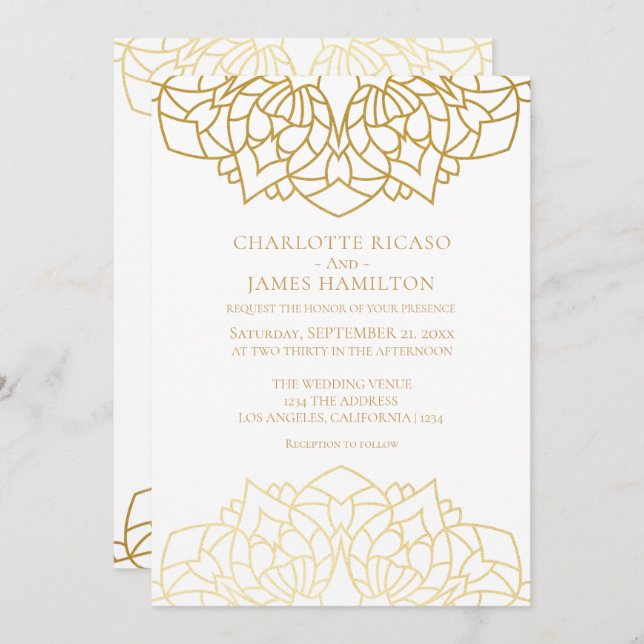 Convite Casamento Personalizado do Padrão Branco Dourado M (Frente/Verso)