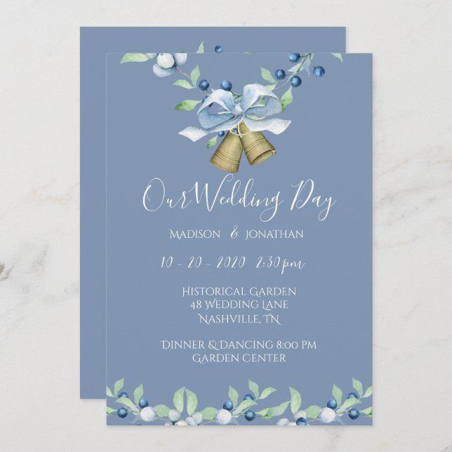 Convite Casamento Personalizado Elegante De Script Azul bo (Frente/Verso)