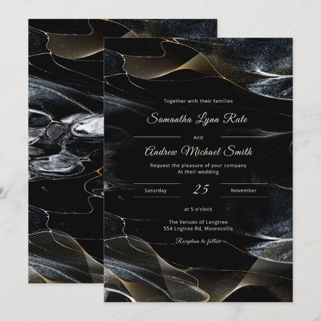 Convite Casamento Personalizado Preto Branco e Dourado (Frente/Verso)