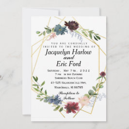 Convite Casamento Personalizável de Flor Azul Burgundy