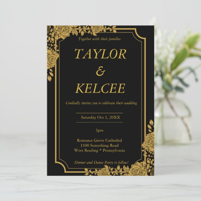 Convite Casamento PERSONALIZÁVEL de luxo negro e Dourado (Em pé/Frente)