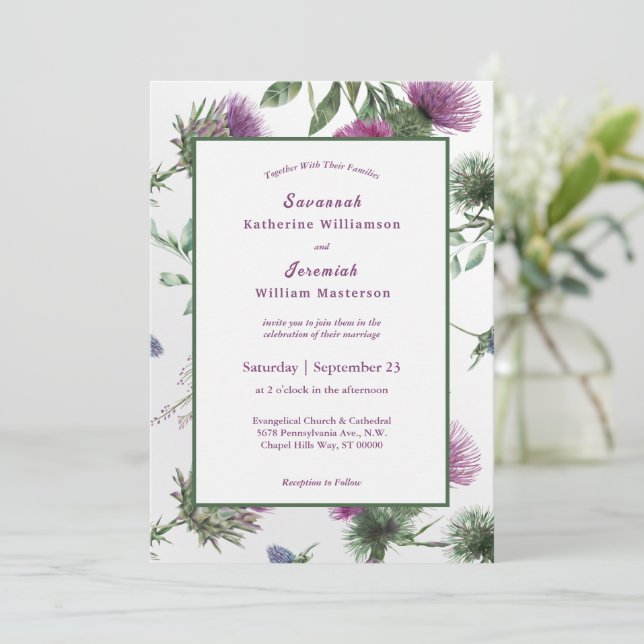 Convite Casamento Personalizável de Thistle Floral Roxo Ch (Em pé/Frente)