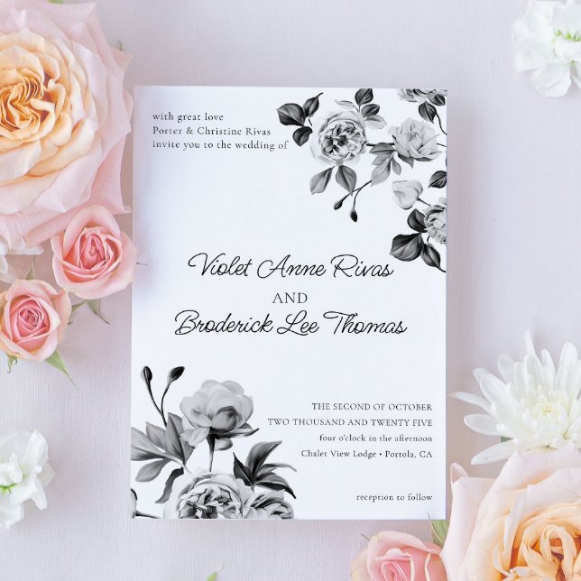 Convite Casamento Personalizável Floral Preto e Branco (Criador carregado)