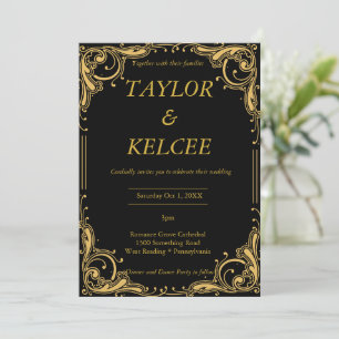 Convite Casamento PERSONALIZÁVEL Preto e Dourado Elegante