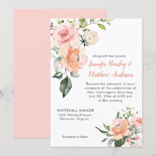 Convite Casamento Pêssego Pêssego e Rosas Brancas