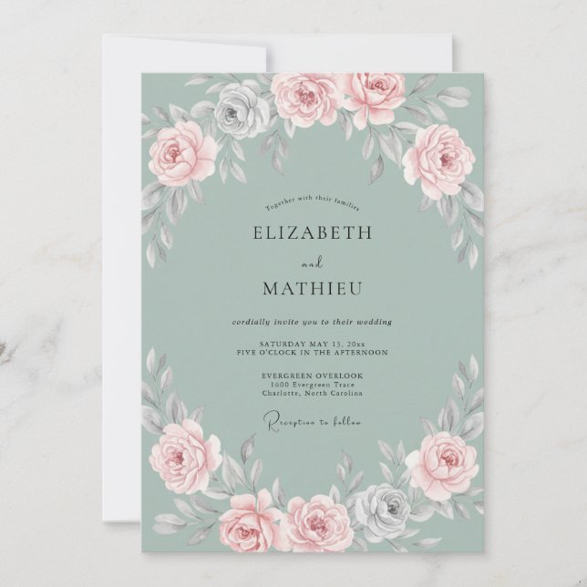 Convite Casamento Pétala Água Marinha Aço Rosado (Frente)