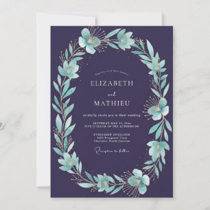 Convite Casamento Pétala Água-Marinho Roxo Meia-Noite