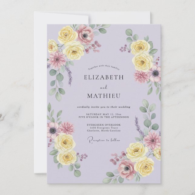 Convite Casamento Pétala Amarela Lilás Suave (Frente)