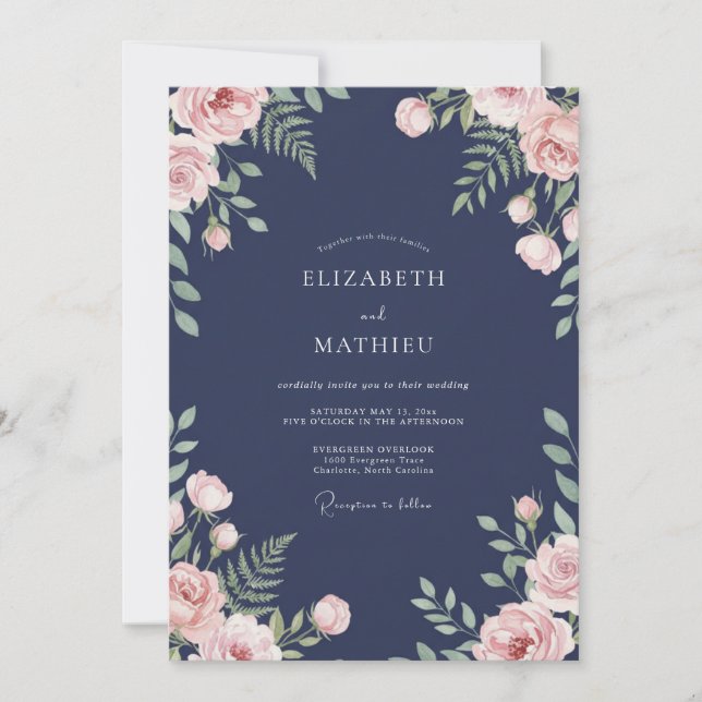 Convite Casamento Pétala Aquarela Meia-Noite (Frente)