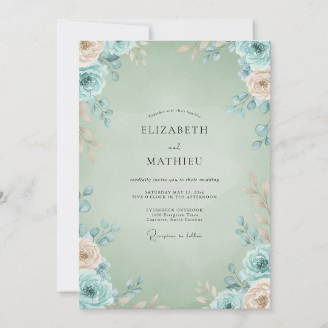 Convite Casamento Pétala Aquática Celadon (Frente)