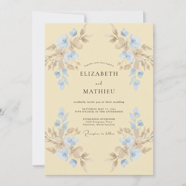 Convite Casamento Pétala Azul Creme de Manteiga (Frente)