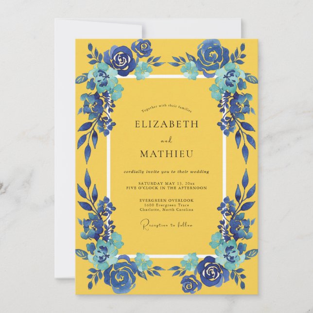 Convite Casamento Pétala Azul Dourado (Frente)