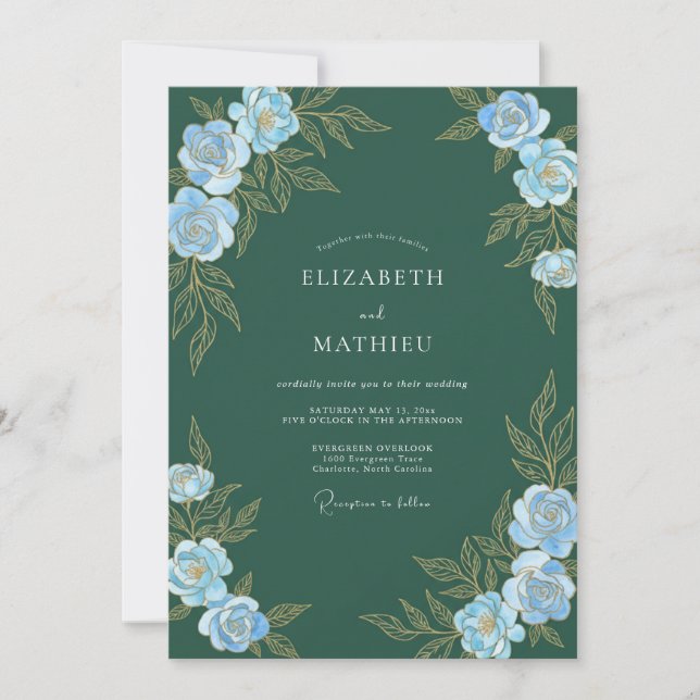 Convite Casamento Pétala Azul Evergreen (Frente)
