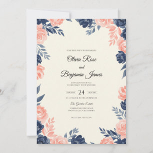 Convite Casamento Pétala Azul Marinho Rosa