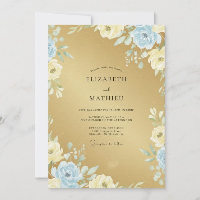 Convite Casamento Pétala Azul Ouro (Frente)