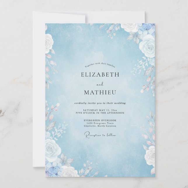 Convite Casamento Pétala Azul Pó (Frente)