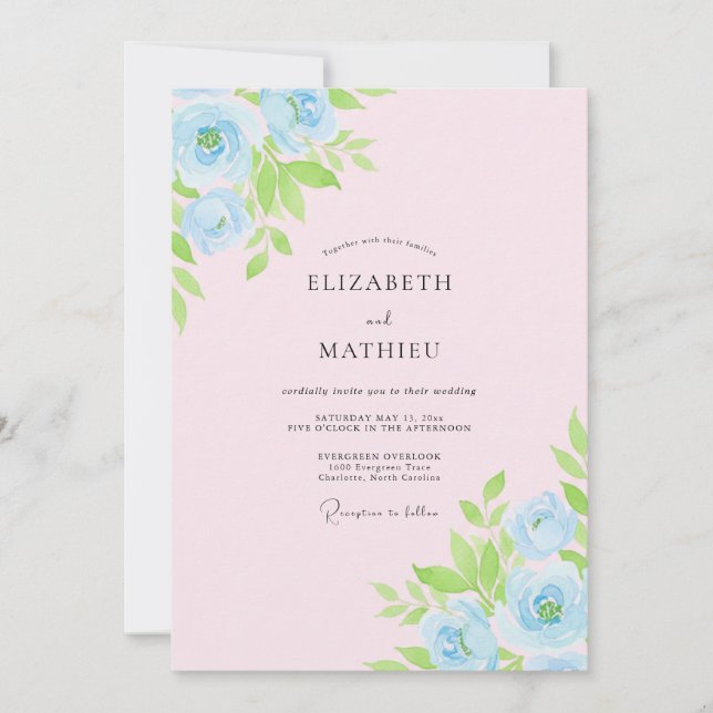 Convite Casamento Pétala Azul Rosa em Pó (Frente)