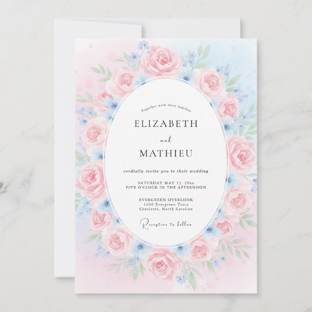 Convite Casamento Pétala Azul Rosa Suave (Frente)