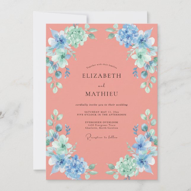 Convite Casamento Pétala Azul Salmão (Frente)