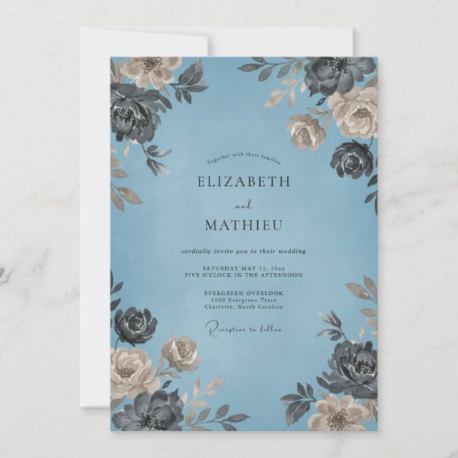 Convite Casamento Pétala Azul Slate Pressionado (Frente)