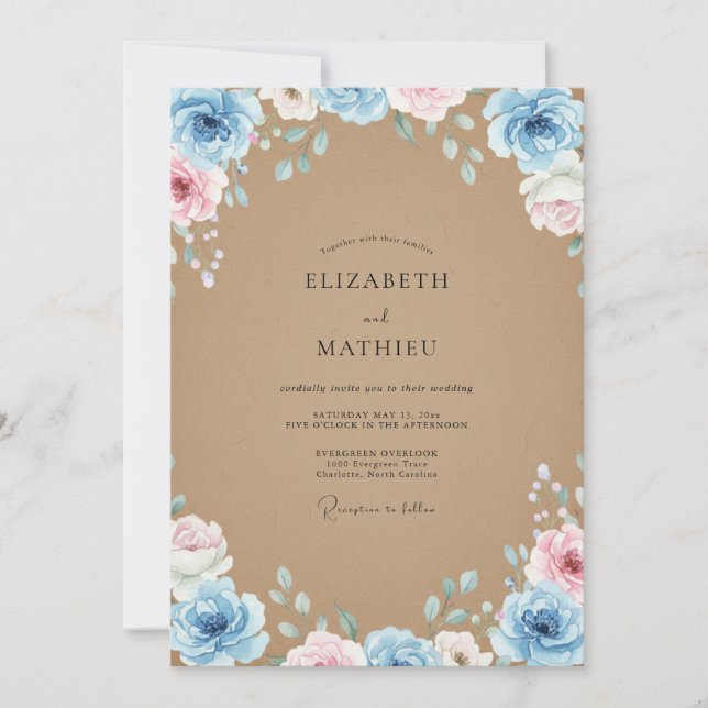Convite Casamento Pétala Azul Tan (Frente)