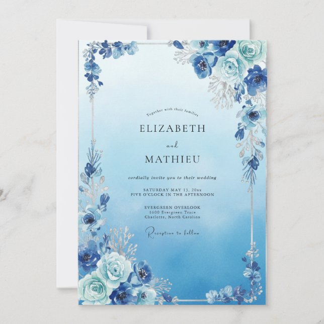 Convite Casamento Pétala Azul Vintage (Frente)