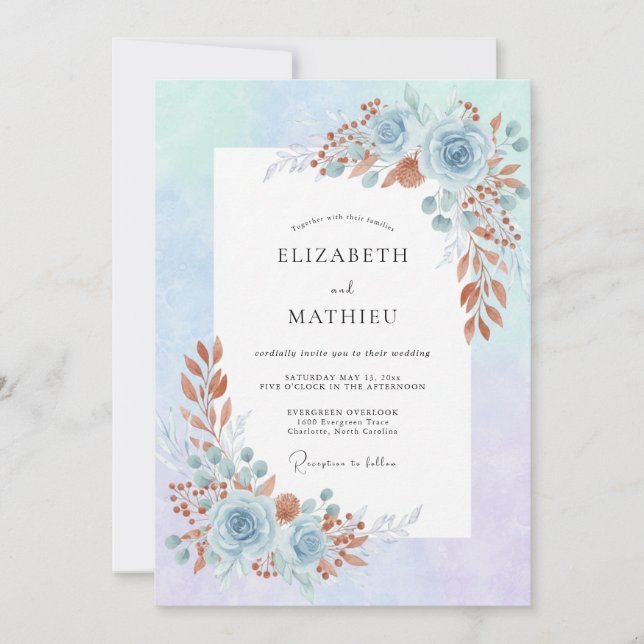 Convite Casamento Pétala Azulado Cobre (Frente)