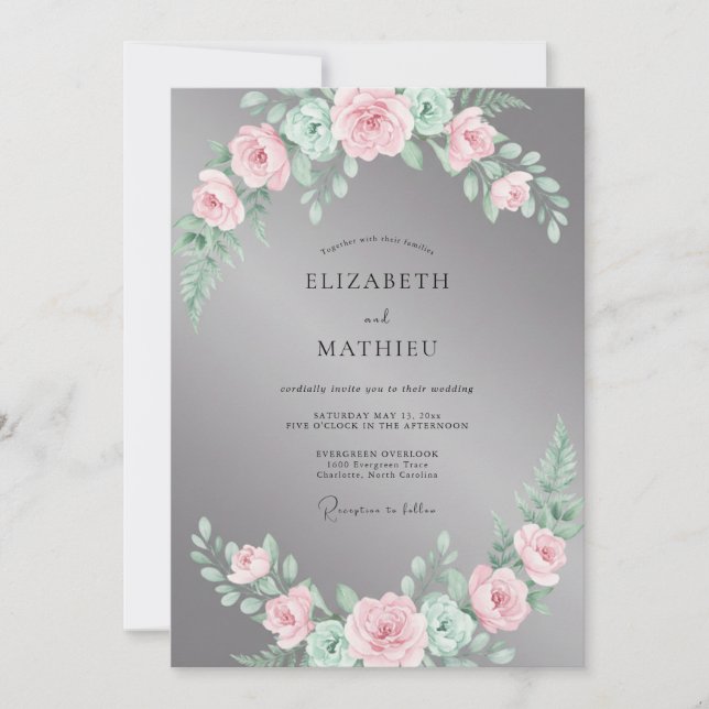 Convite Casamento Pétala Bege Rosa Ardósia (Frente)