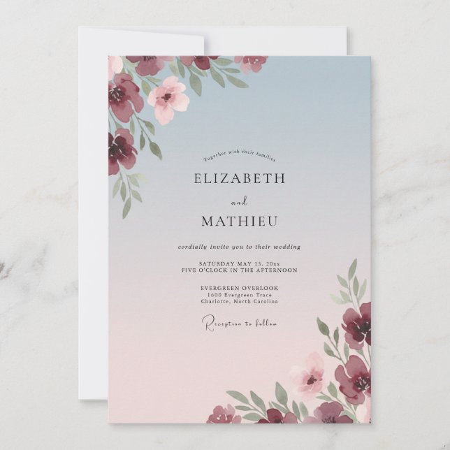 Convite Casamento Pétala Bege Rosa Vinho (Frente)