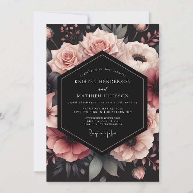Convite Casamento Pétala Blush Noir (Frente)