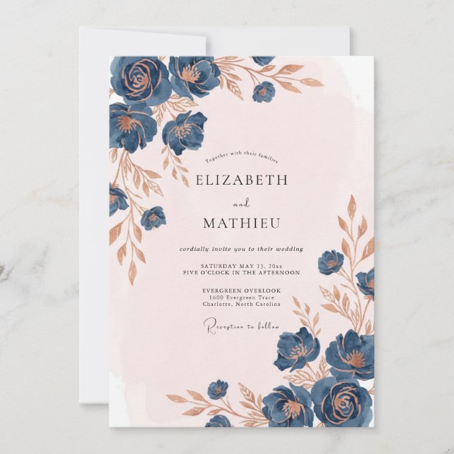 Convite Casamento Pétala Bronze Índigo (Frente)