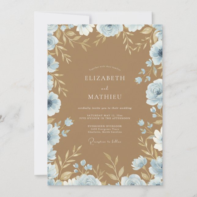 Convite Casamento Pétala Camelo Azul (Frente)