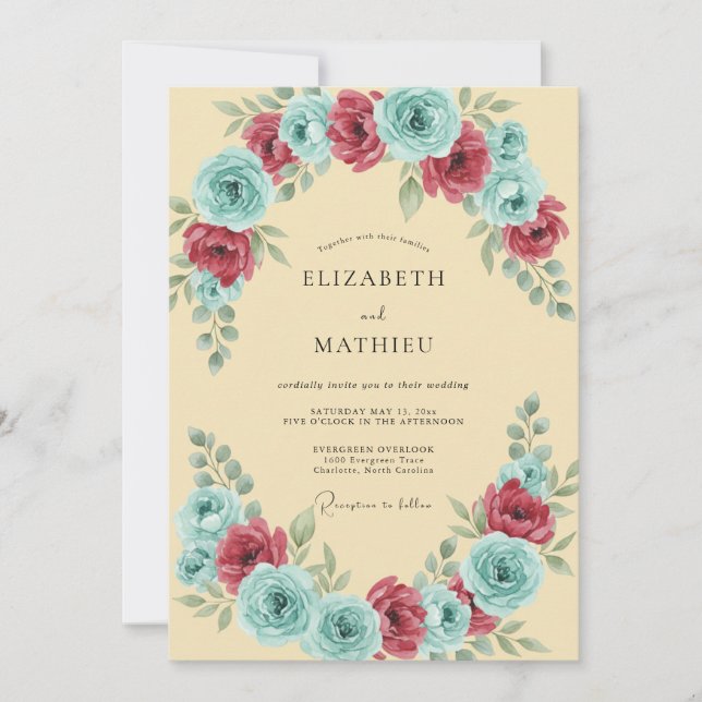 Convite Casamento Pétala Carmesim Aqua (Frente)