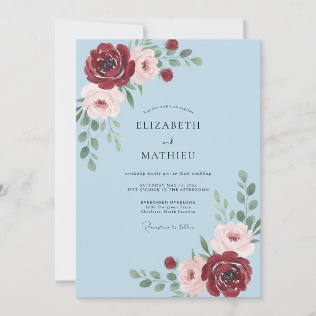 Convite Casamento Pétala Carmesim Azul Céu (Frente)
