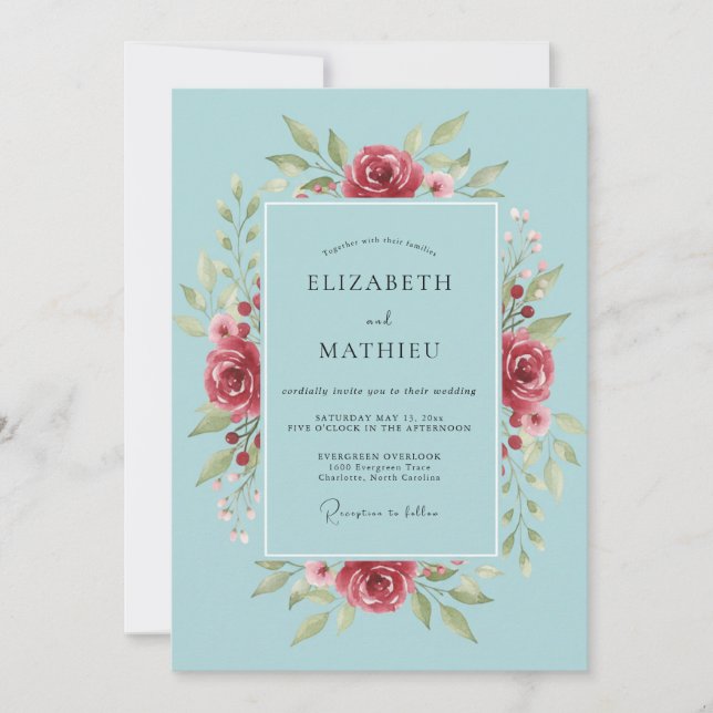 Convite Casamento Pétala Carmesim Celeste (Frente)