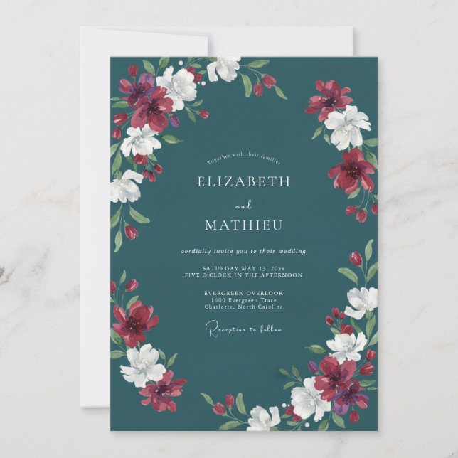 Convite Casamento Pétala Carmesim Teal (Frente)