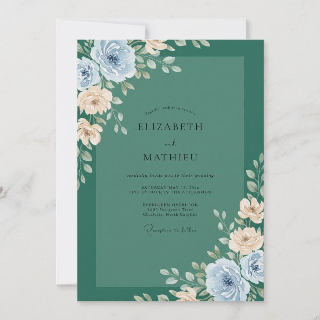 Convite Casamento Pétala Champanhe Azul (Frente)