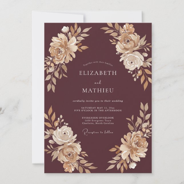 Convite Casamento Pétala Champanhe Mogno (Frente)