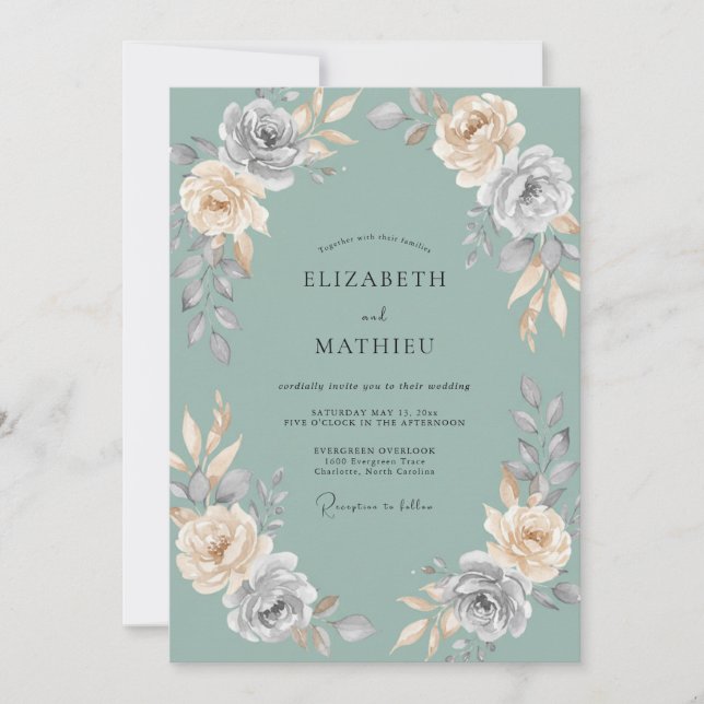 Convite Casamento Pétala Champanhe Quente Celadon (Frente)