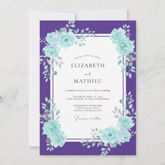 Convite Casamento Pétala Ciano Violeta (Frente)