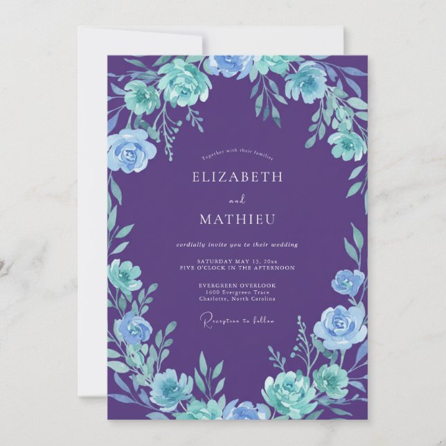Convite Casamento Pétala Ciano Violeta Botânica (Frente)