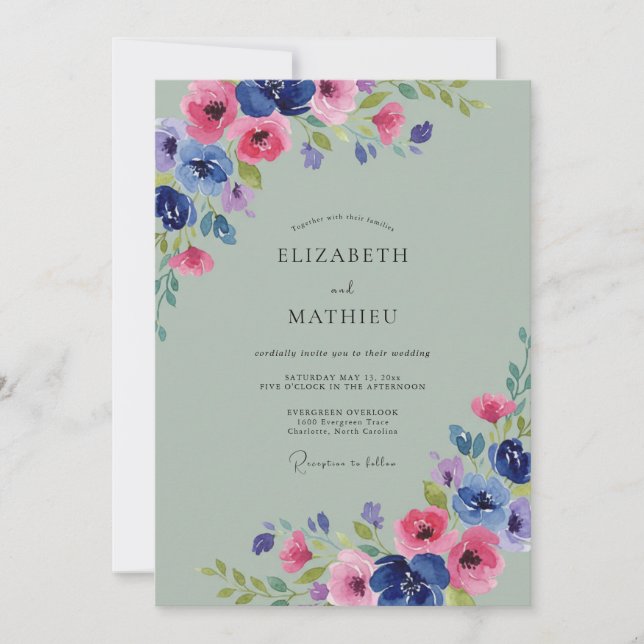 Convite Casamento Pétala Cobalto Magenta Clássico (Frente)