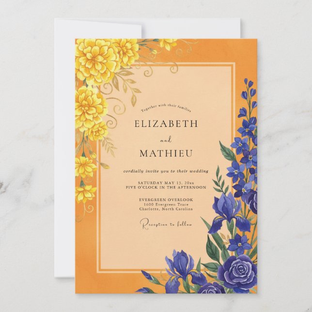 Convite Casamento Pétala Cobalto Marigold (Frente)