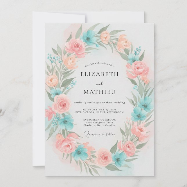 Convite Casamento Pétala Coral Aqua (Frente)